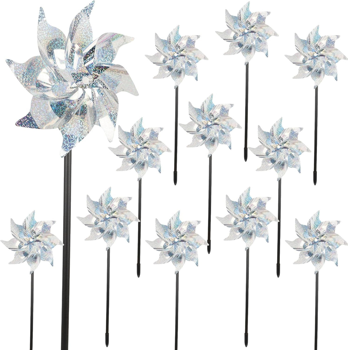 winemana 12 Pcs Reflective Pinwheels Outdoor, Wind Spinners for Yard & Garden, Sparkly Bird Repellent Windmill Scare Birds Away, Deterrent Devices for Outside Patio Lawn Spring Decor (Silver)