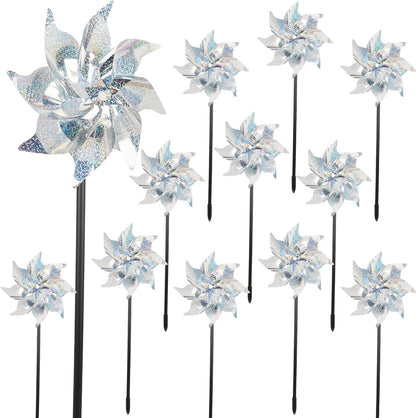 winemana 12 Pcs Reflective Pinwheels Outdoor, Wind Spinners for Yard & Garden, Sparkly Bird Repellent Windmill Scare Birds Away, Deterrent Devices for Outside Patio Lawn Spring Decor (Silver)