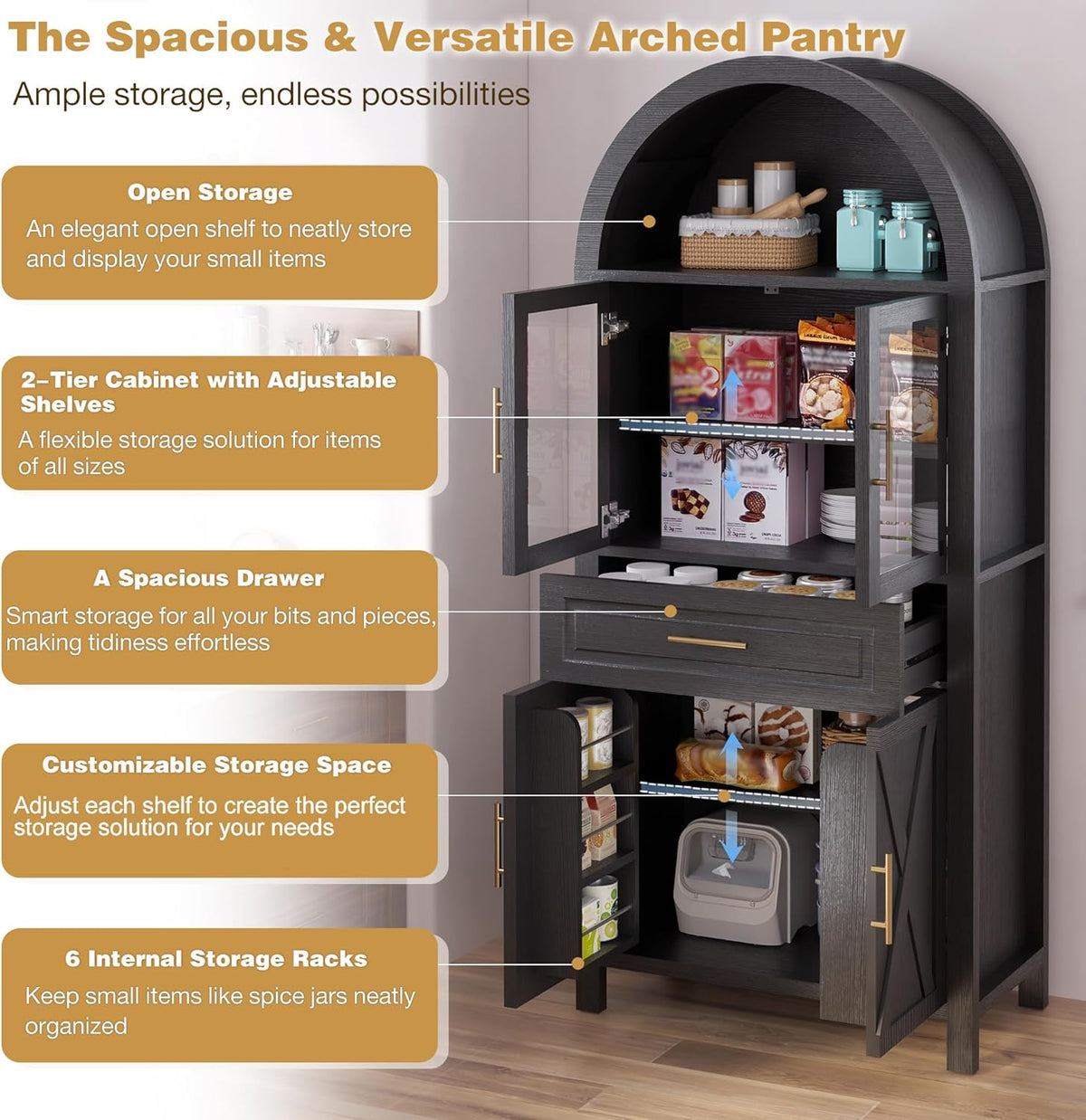 Kitchen Pantry Cabinet with Arched Top, White Storage Cabinet with Adjustable Shelves, Freestanding Cupboard with Drawer and Door Organizers, 70.8H x 31.5W x 15.75D Inches (Black)