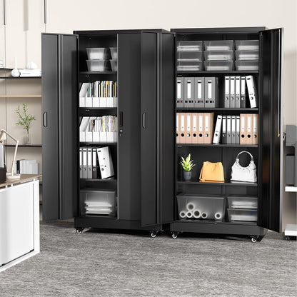 Greenvelly 73" Metal Garage Storage Cabinet with Wheels, Black Lockable Metal Cabinet with 2 Doors and 4 Adjustable Shelves, Rolling Steel Tool Organization for Garage, Home, Office, School