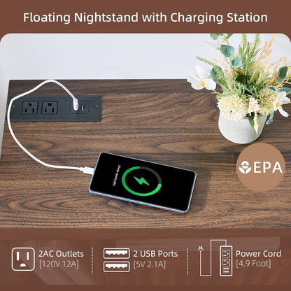 BuildHom Floating Nightstand Set of 2 with Charging Station, Walnut | Wall Mounted Side End Table with Drawer, Modern Fluted Design, 21 inch Larger Storage Night Stand with Outlet for Bedroom