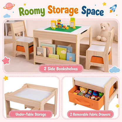 Costzon 4 in 1 Kids Table and Chairs with Building Blocks (Natural) | Wooden Toddler Activity Table Set w/ Detachable Graffiti Tabletop, Blackboard and Storage Drawers for Play, Arts & Crafts