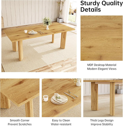 HIPIHOM Extendable Dining Table Set for 6, Seats 6-8 | MDF Farmhouse Extends 63-78.7in, Space-saving for Living Room & Nook, Oak Table + 6 Brown Upholstered Chairs