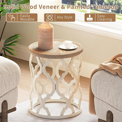karlott Farmhouse End Table, 18.5'' French Country Round Side Table, Distressed Tray Top Side Table with Curved Motif Frame Base for Boho, End Tables Living Room, Bedroom, Small Space, Cream Beige