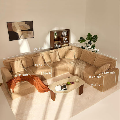GOSUHI 139" U-Shaped Cloud Couch, Modular Sectional, Deep Seats, Camel | Pocket Spring Cushions, Oversized 7-Seater, Left Facing Chaise, Corduroy Upholstery Couches for Living Room