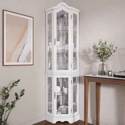 BELLEZE Lighted 3-Side Glass Display Curio Cabinet w/ Tempered Glass Doors and Shelves, Curved Wood Corner Cabinet with Bulb, Corner Storage Rack (White)