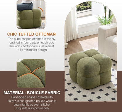 Zesthouse Square Pouf Ottomans Set of 2, Modern Vanity Chair for Bedroom | Boucle Fabric Foot Rest for Couch, Upholstered Tufted Footstool, Poofy Ottoman Seat for Living Room Dorm Fluffy Ottoman Green