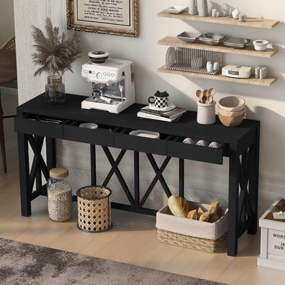 Farmhouse 60'' Console Table Sofa Table with 4 Spacious Drawers and Open Bottom Storage, Modern Crisscross Design Entryway Table for Living Room,Kitchen,Dining Room (Black-X)