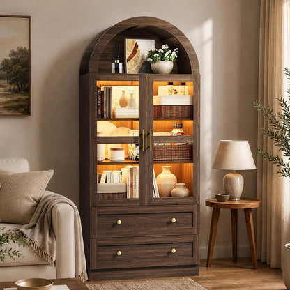 71" Tall Arched Kitchen Pantry Cabinet with LED Light, Modern Farmhouse Kitchen Storage Cabinet with 2 Large Drawers & Glass Doors, Versatile Cupboard for Living Room, Dining Room, Brown