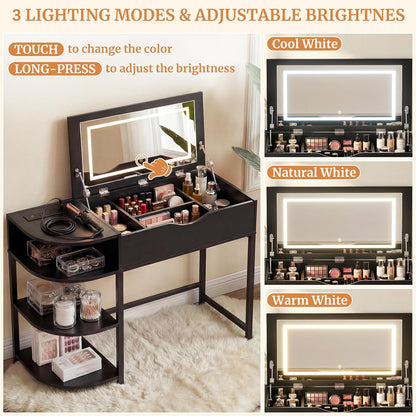 Cyclysio Vanity Desk with Flip Top Mirror and Lights, Black | Makeup Vanity Desk with Drawers, Dressing Table with Storage Shelves & Charging Station, Small Vanity for Small Spaces