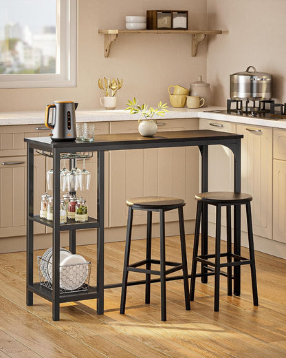 Qsun Small Bar Table Set for 2 | Kitchen Table for 2 with 2 Storage Shelves & Wine Glass Holder, Dining Table for Small Apartment, Dining Room