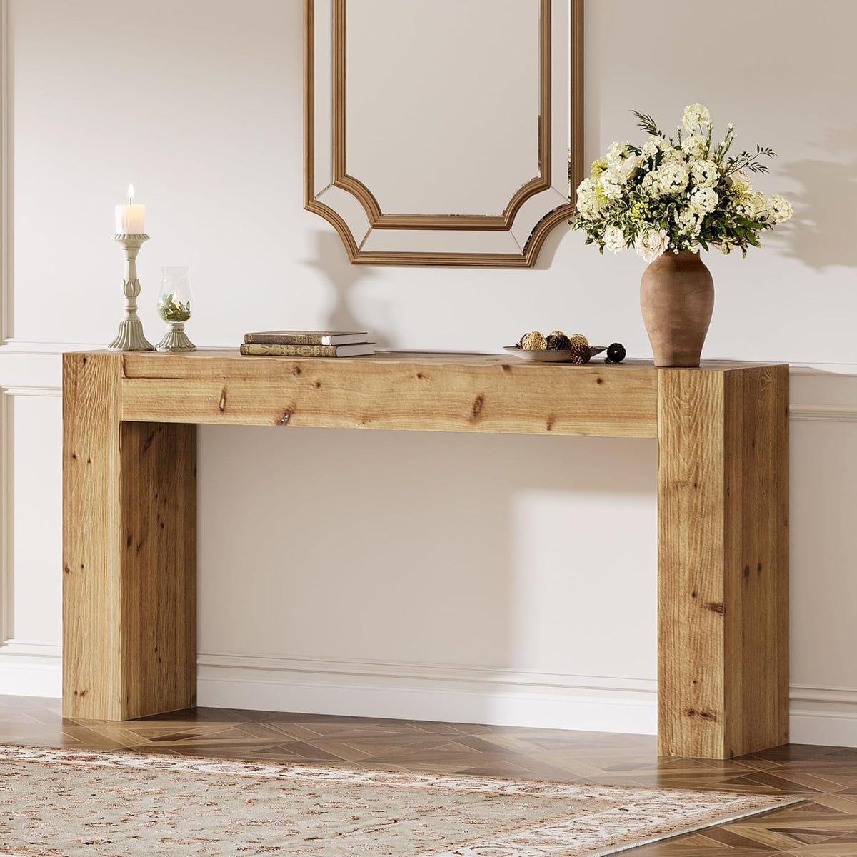Solid Wood Console Table, 63-Inch Farmhouse Sofa Table Behind Couch for Entryway, Living Room, Foyer, Easy Assembly (Light Wood)