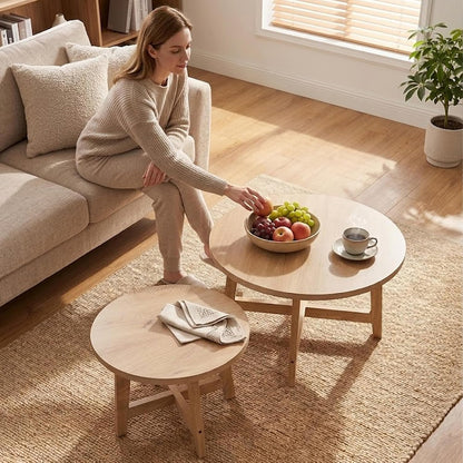 Set of 2 Round Nesting Coffee Tables, Natural Wood Finish Modern Side Tables, X-Shaped Frame Stackable End Tables for Living Room, Bedroom, Balcony 27.56&19.69
