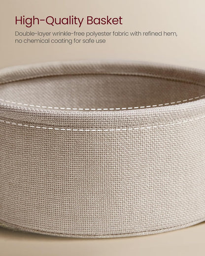 VASAGLE LILEA Collection - Small Round Side End Table, Modern Nightstand with Fabric Basket, Matte White and Camel Brown ULET223W10