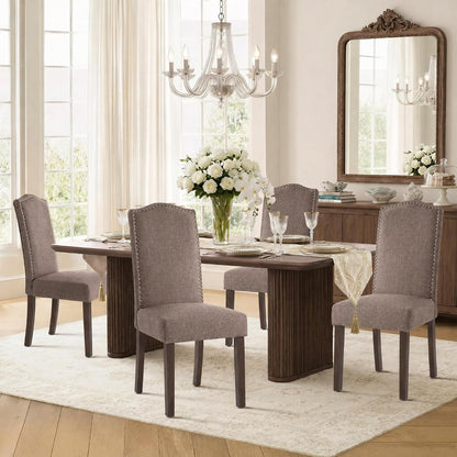 Upholstered Dining Chair Modern Stylish Kitchen Diner Fabric Set of 4 | Fabric Silver Nailhead Trim & Wood Legs, High Back, Living Room Restaurant Farmhouse Cafe, Mid Century Accent