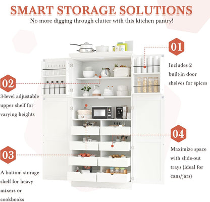 71 Inch Kitchen Pantry Cabinet with Pull-Out Trays, White | White P2 MDF, kitchen or dining room, door shelves, adjustable shelf, freestanding design, 17.6 in D, 35.5 in W
