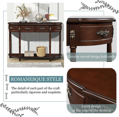 LUMISOL Retro Curved Sofa Table Behind Couch, Solid Wood Entryway Table with 2 Drawers and Open Shelf, 2 Tier Half Moon Console Table for Entrance Living Room, Espresso