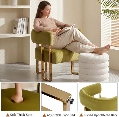 Modern Barrel Accent Chairs Set of 2, Living Room Side Chairs with Golden Metal Legs, Soft Velvet Reading Armchairs for Bedroom, Upholstered Club Chair for Reception Room/Office, Olive