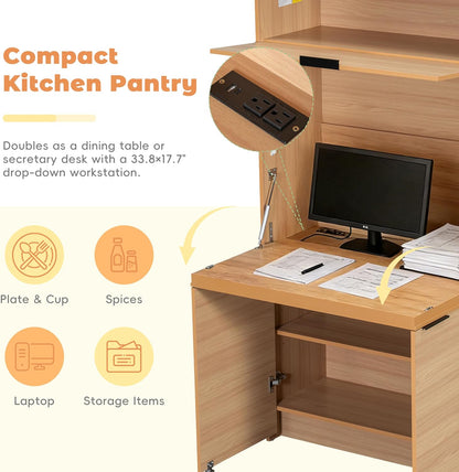 69'' Tall Kitchen Pantry Cabinet with Foldable Workstation, Kitchen Food Pantry Hutch with Adjustable Shelf, Folding Secretary Desk with Storage Hutch for Living Room, Dining Room (Natural)