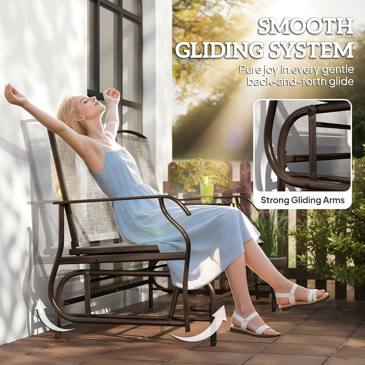 Outsunny Outdoor Glider Bench with Center Table Metal Frame Armrests Brown | Patio Loveseat, Breathable Mesh Fabric, for Backyard Garden Porch