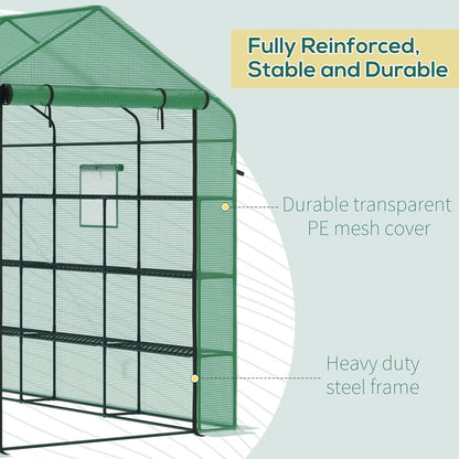 Outsunny 8' x 6' x 7' Walk-in Greenhouse with Mesh Door and Windows, 18 Shelf Green House with Trellis, Plant Labels, UV Protective for Growing Flowers, Herbs, Vegetables, Saplings, Green