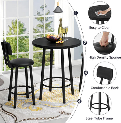 Recaceik 3‑Piece Pub Dining Set, Counter Height Modern Round Bar Table with Wood Top, Pub Table and Stools for 2, Easy Assemble Bistro Set for Breakfast Nook, Living Room, Small Space Restaurant