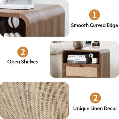 Farmhouse Nightstand with Charging Station, Night Stand with 2 Drawers, Mid-Century End Table with Linen Decor Storage for Livng Room Sofa Couch, Bedroom, Home Office 19.68"x13.77"x23.62"