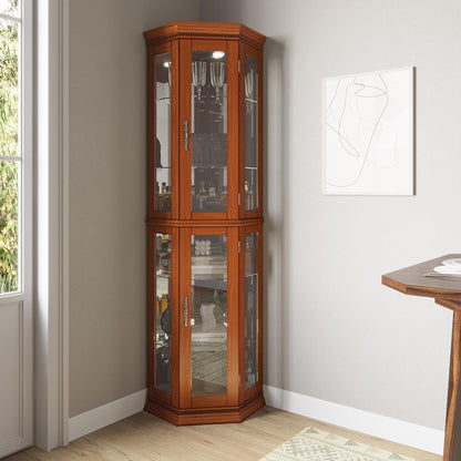 BELLEZE Lighted 3-Side Glass Display Curio Cabinet w/Tempered Glass Doors and Shelves, Accent Wooden Corner Cabinet with Bulb, Corner Storage Decoration Rack for Living Room