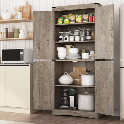 71in Farmhouse Kitchen Pantry Cabinet,Tall Storage Cabinet with 4 Doors and Adjustable shelves,with Load-Bearing Steel Pipe,Wood Storage Cabinets for Kitchen,Dining Room,Bathroom(Light Rustic Oak)