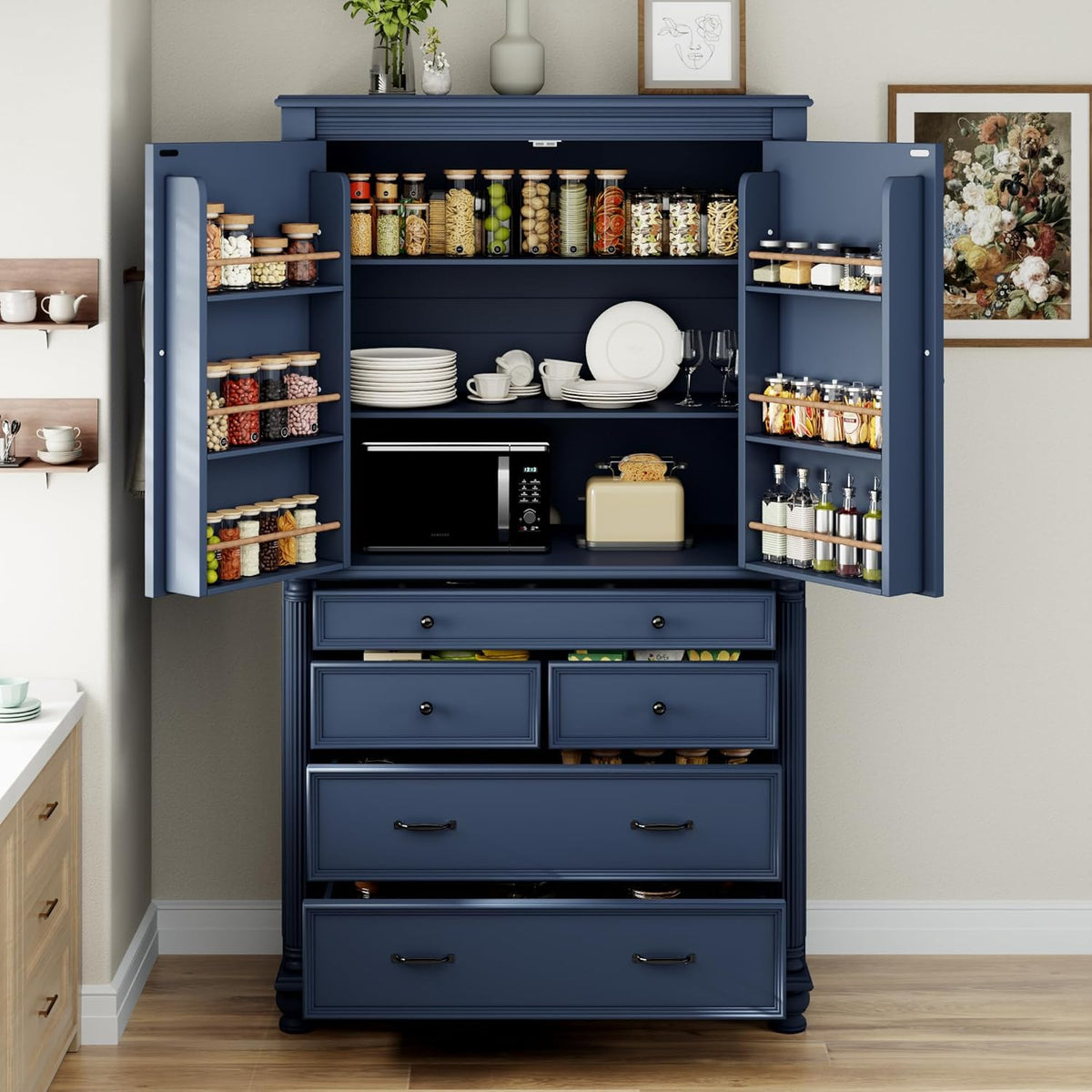 JIVOIT 77.3-inch Tall Large Kitchen Pantry with 6 Door Shelves, 2 Adjustable Shelves and 6 Drawers, 2 Doors, Modern Storage Cabinet Cupboard for Kitchen, Dining & Bathroom (Blue,53)
