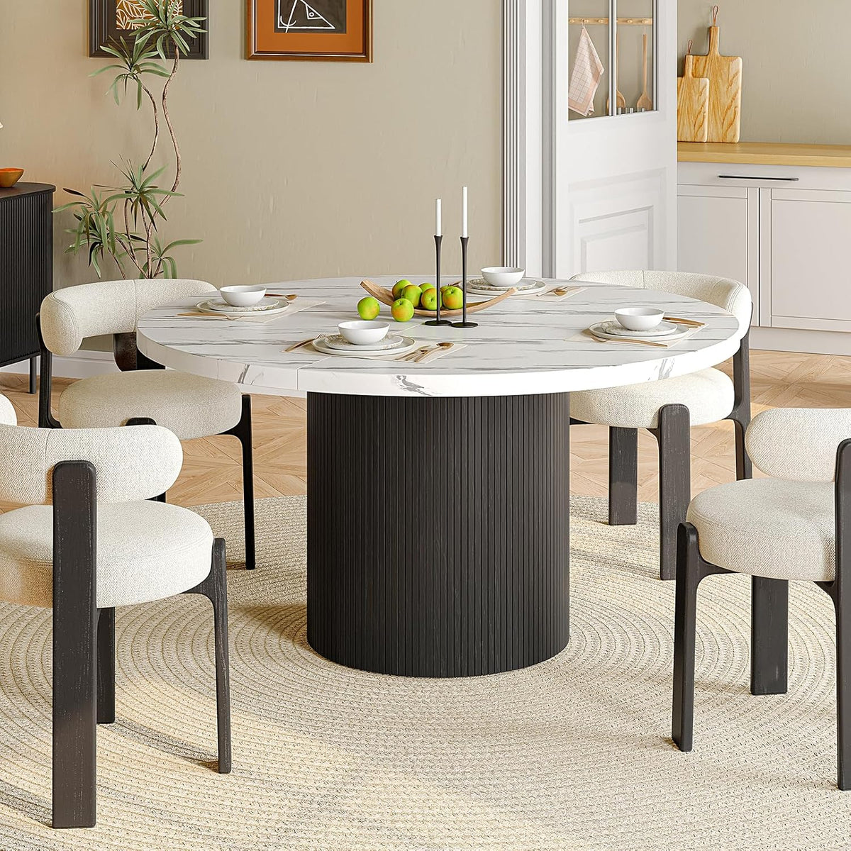 47 Inch Round Dining Table for 4, Circle Kitchen Table with Wood Strip Base, Modern Farmhouse Dinner Tables for Kitchen, Living Room (Marble Texture)