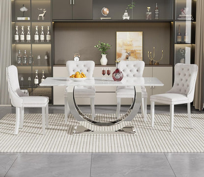 SSLine Modern White Marble Dining Table Set for 4,Luxury 69" Faux Marble Kitchen Table with Velvet Tufted Chairs for 4,5-Piece Dining Room Table Set with Silver Stainless Steel U-Shape Base
