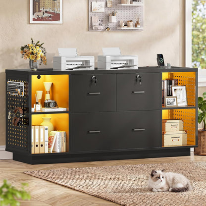 SEDETA 55" File Cabinet with Lock, Large 3 Drawers Filing Cabinets for Home Office, Lockable Printer Stand with Storage, Power Strip, LED Light & Pegboard, Black
