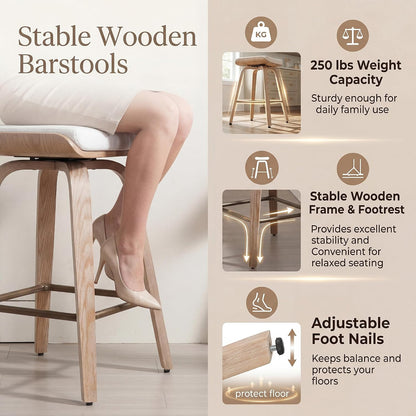 HNY 26" Swivel Bar Stools Set of 4, Backless Counter Height Bar Stools with Removable Linen Cushion, 360° Swivel Wooden Saddle Stools with Footrest for Kitchen Island, Home Bar & Small Spaces