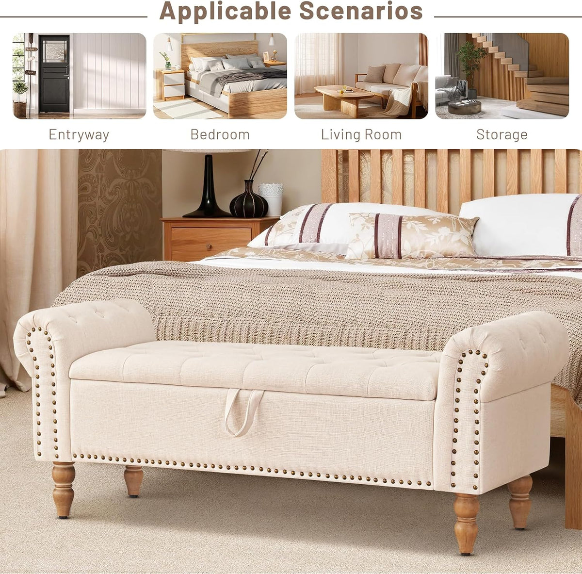 Furniliving 51” Storage Benches, End of Bed Bench with Button-Tufted Large Upholstered Storage Ottoman Linen Window Bench with Storage Shoe Cabinet Bench, for Bedroom, Entryway, Closet, Beige