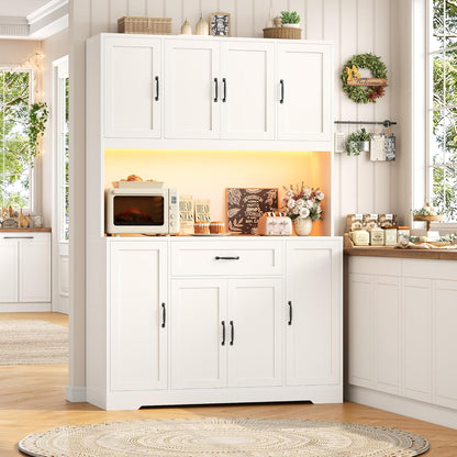 HITHOS 70" LED Kitchen Pantry Cabinet with Charging Station, 47" Wide Pantry Storage Cabinet with Large Microwave Stand, Modern Kitchen Hutch with Drawers and Cabinets for Dining Room, White