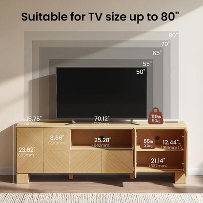 ModernMate Living Room Table Sets of 3, 70" Modern TV Stand & 2 Nightstands with Drawer, Wood Living Room Set with Charging Station & USB Ports, Chevron Pattern Design, Thick Legs, Natural Oak
