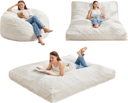 Hobestluk Bean Bag Chair Convertible 3 in 1 Beanbag Washable Giant Adult | Large,Memory Foam Filling,Plush Lounge,Bean Bag Bed ,Removable Cover,Living Room Bedroom Dorm,Sleeping ,Full,White