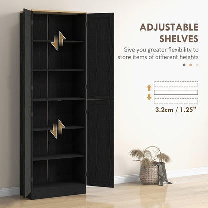 4-Door Bohemian Freestanding Kitchen Pantry Cabinet with Complete Adjustable Shelves, Distressed Black Finish in Vintage Design