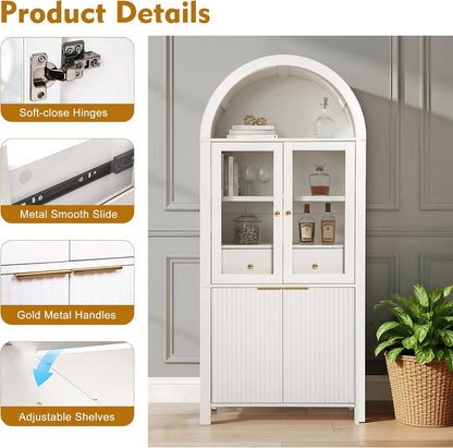 71" Fluted Tall Arched Kitchen Pantry Cabinet with Glass Doors, Farmhouse Storage Cabinet with Adjustable Shelves & Hidden Drawer, Freestanding Cupboard Console for Living Room, Dining Room (White)