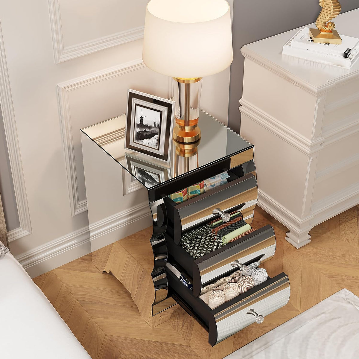 Silver Modern Mirrored Nightstand with 3 Drawers, Baked Curved Glass Bedside Table for Bedroom, Small Space End Table for Living Room