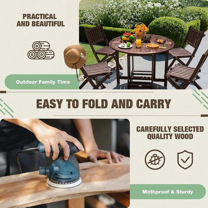 Devoko 5 PCS Patio Furniture, Patio Dining Set Acacia Wood Outdoor Table and Chairs, with 4 Folding Chairs and 37" Round Movable Table, Outdoor Dining Set for Lawn, Balcony, Garden (Deep Brown)