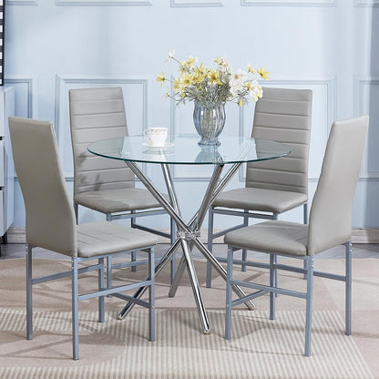 5 Pieces Round Dining Room Set for 4 Contemporary Glass Kitchen Table with 4 PU Chairs Set Compact Silver Legs Glass Table with Grey Chairs Set for Small Space/Apartment