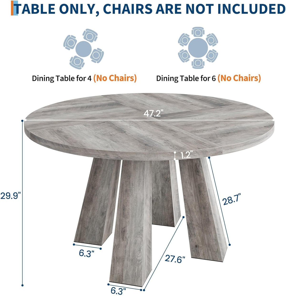 IDEALHOUSE 47" Round Dining Table for 4-6, Wood Kitchen Table with Sturdy Base, Farmhouse Circle Dinner Table for Dining Room, Living Room, 4 Strong Legs, Grey