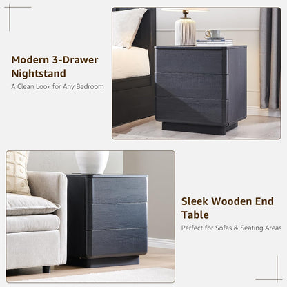 JXQTLINGMU 22" Modern Nightstands Set of 2 with Charging Station, Large Push-to-Open End Table, Wood Bedside Table, Curved Profile, Handleless 3 Drawer Night Stand for Bedroom, Living Room, Black