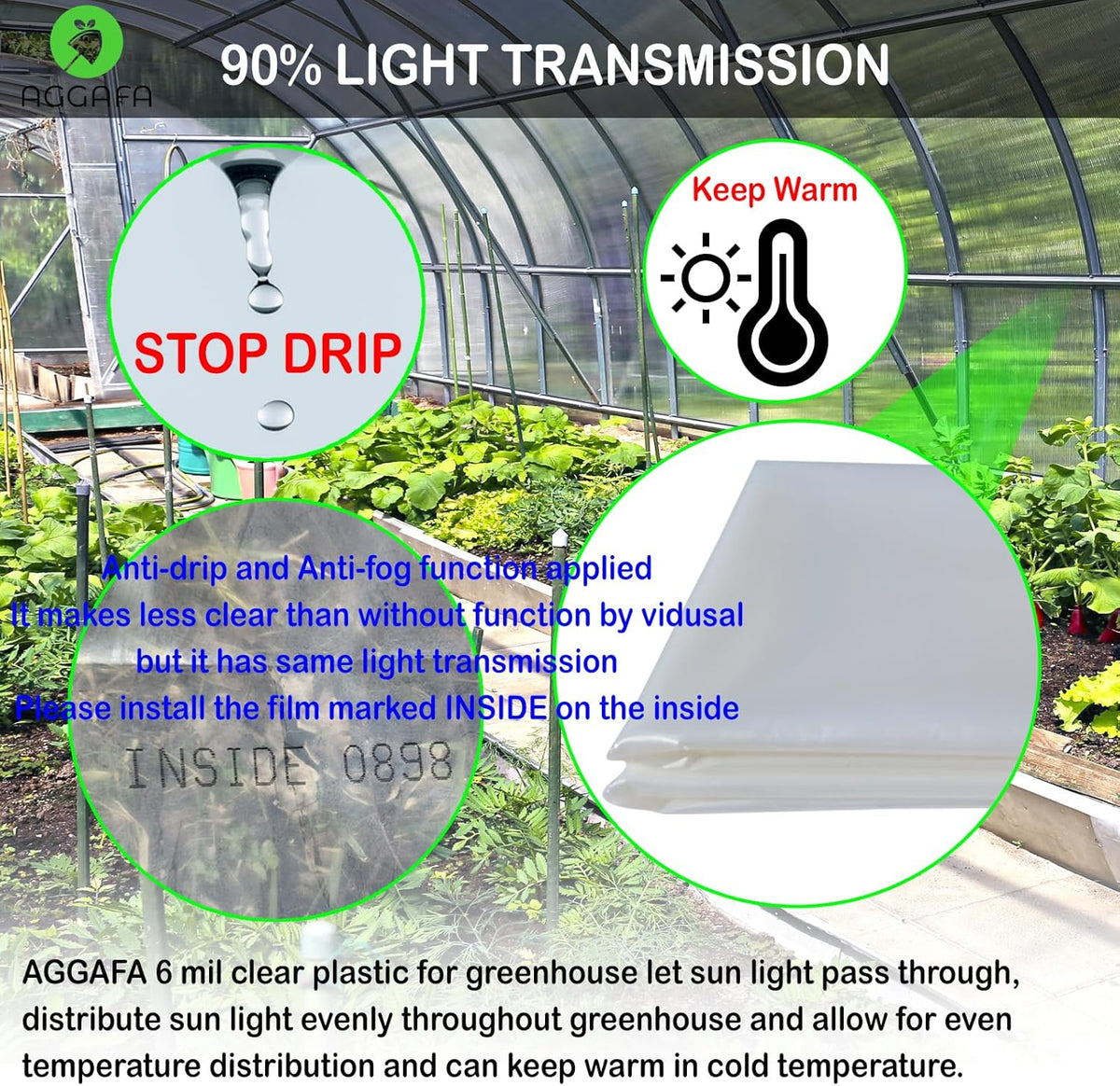 6 mil (12ft x 25ft) 100% Virgin Material. 5Layers Advanced Extrusion Technology for UV Protection, Anti-drip, Anti-Fog, Thermal and Strength. 4Years Lifetime UV Resistant Greenhouse Plastic