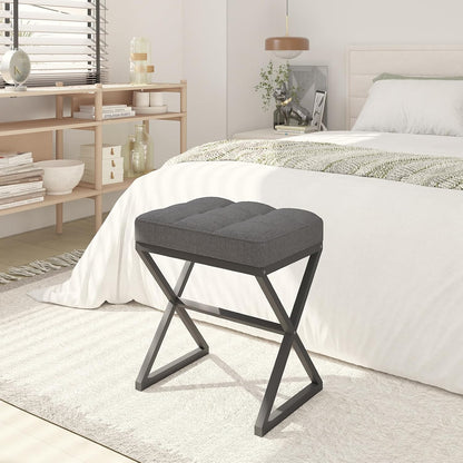 YMYNY Vanity Stool, Linen Footrest, Ottoman Bench with X-Shaped Metal Legs, Makeup Dressing Stool for Vanity, Living Room, Bedroom, Entryway, Hallways 15.74" D×11.81" W×18.11" H Grey UHBD033G