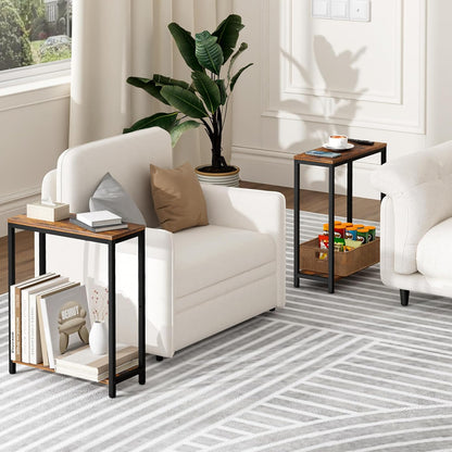 SLEEPING LAMB Narrow End Tables Living Room Set of 2 Small Side Table for Small Space, 2 Tier Slim Skinny Night Stand for Bedroom, Couch Beside Nightstands, Rustic Brown and Classic Black