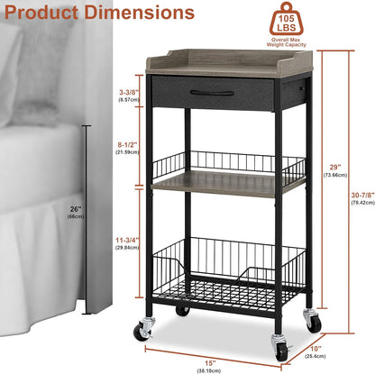 Tall Side Table with Drawer and Shelves, Narrow End Table with Optional Wheels, 4-Tier Small Side Table, 30" High for Living Room, Bedroom, Bathroom, Black & Grey