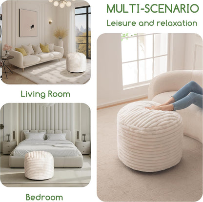 HIGOGOGO Round Stuffed Pouf Ottoman, Stripe Faux Fur Poufs with Foam Chunk Filling, Furry and Fluffy Pouf Foot Stool Storage Ottoman, 20 X 15 Floor Poufs Foot Rest for Living Room, Beige